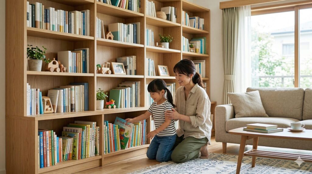 子供が本を手に取る家族の本棚レイアウト