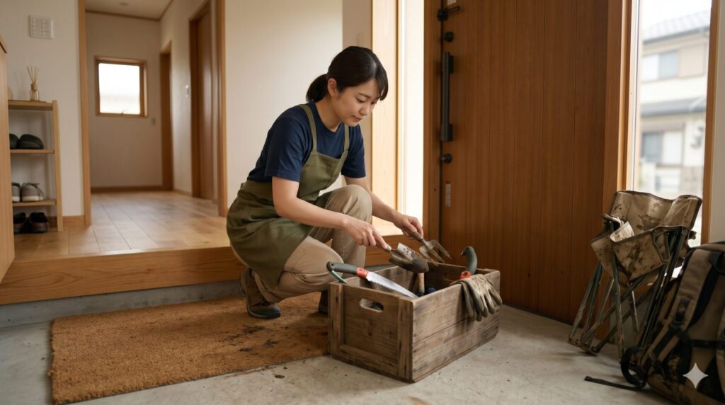 泥付きの家庭菜園道具やキャンプ用品を室内に持ち込まない収納方法