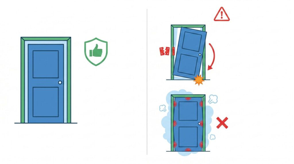 ア本体と建具枠にズレが生じている状態