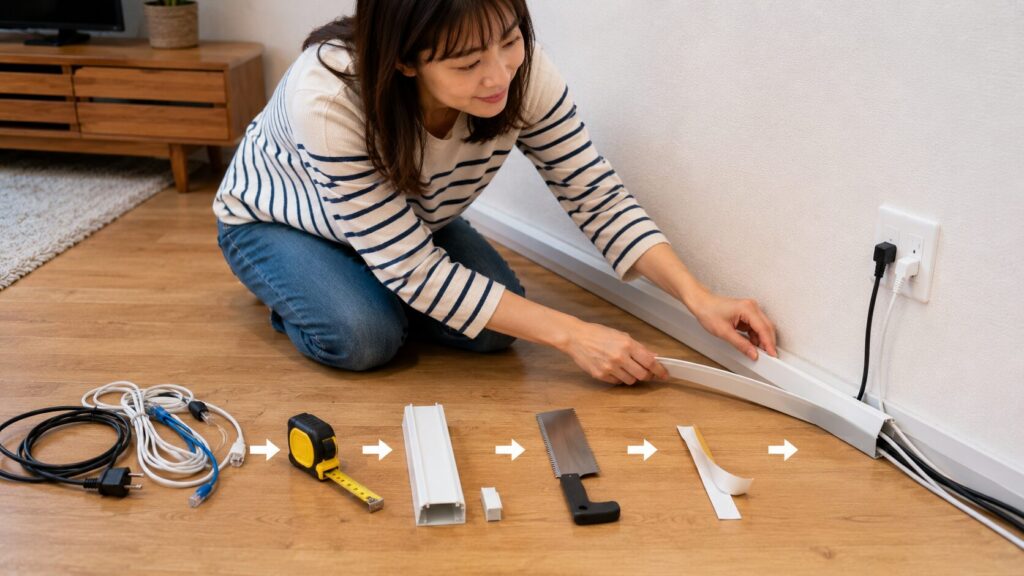 配線モールDIYのやり方 採寸からカットと貼り付けとコード収納までの手順