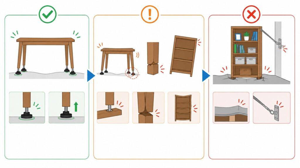家具本体のゆがみや接合部の破損がある場合はDIYを中止する