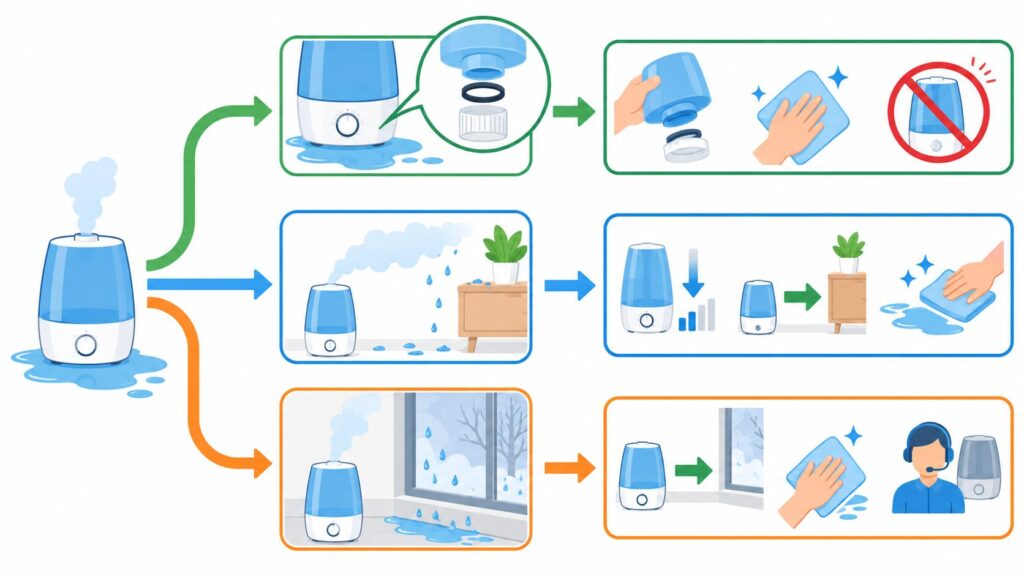 床の濡れ方から加湿器の水漏れとミストの付着を見分けるポイント